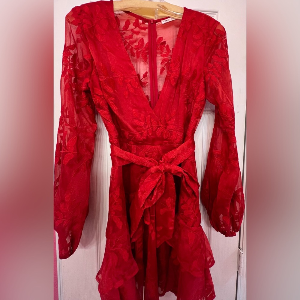 NWT Saints + Secrets Red Long Bubble Sleeve Lace Dress Romantic Date Valentines